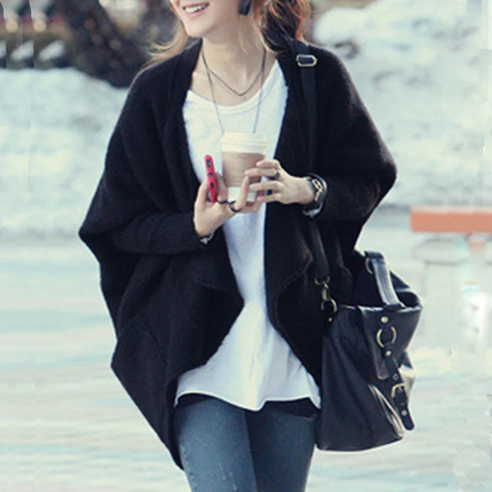 

Korean Women Sweaters Casual Elegant OL Loose Cardigan Thick Lapel Solid Female Spring Bat Sleeve Tops Black Knitwear Coat
