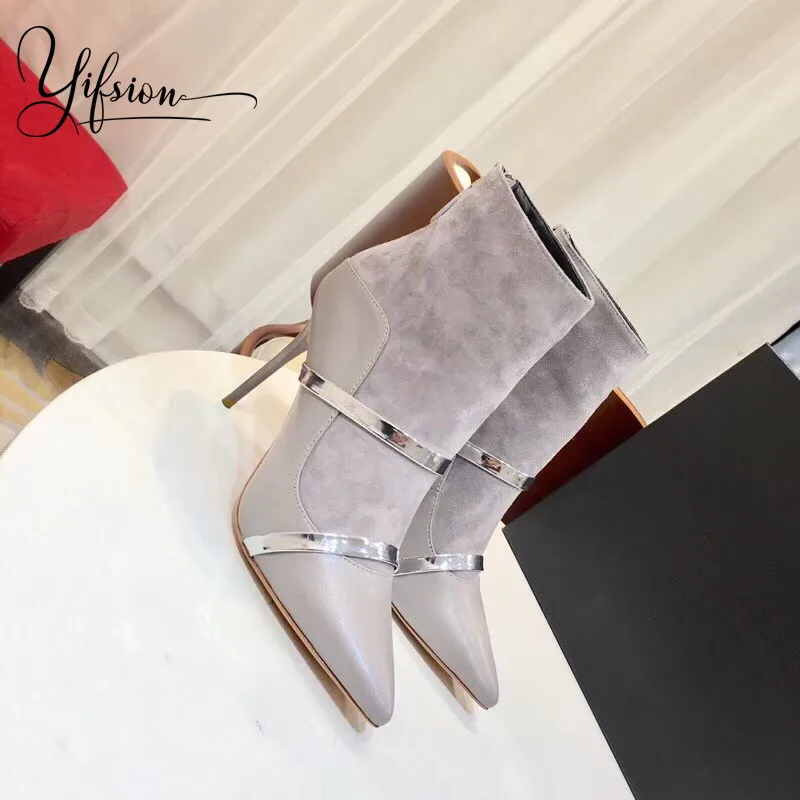 

OLOME New Fashion Black Runway Genuine Leather Back Zipper Women Boots Pointed Toe Thin High Heel Ankle Boots Shoes Woman