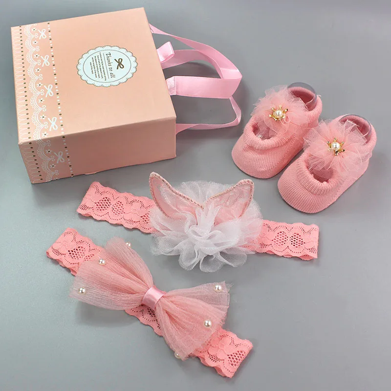 3 шт./компл. милые леггинсы с кружевными бантиками для маленьких девочек повязка на голову, набор носков головная повязка для новорожденных девочек детские ленты для волос аксессуары для волос в подарок - Цвет: Set 3 WITH BOX