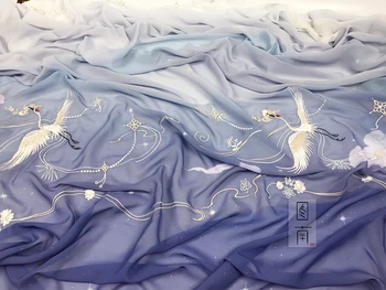 

Chinese classical style Red-crowned crane landscape Printed chiffon embroidery fabric hanfu skirt cloth 1meter