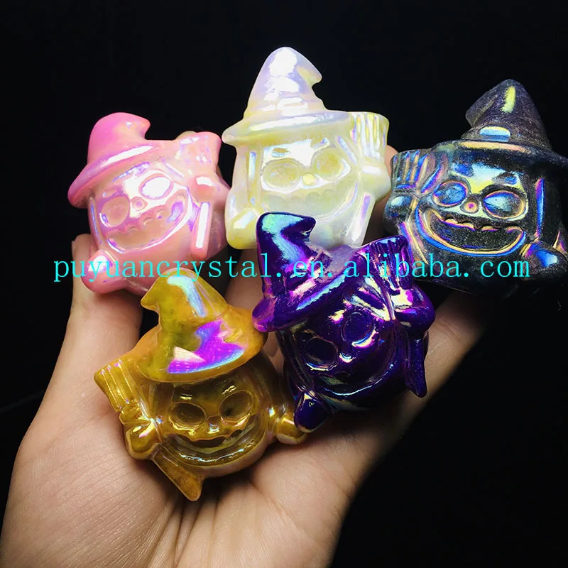 Clearance Angel Aura Natural Jade Pumpkin Carved Crystal Witch Figurine Healing Crystals Feng Shui Halloween Decoration Gift | Дом и сад