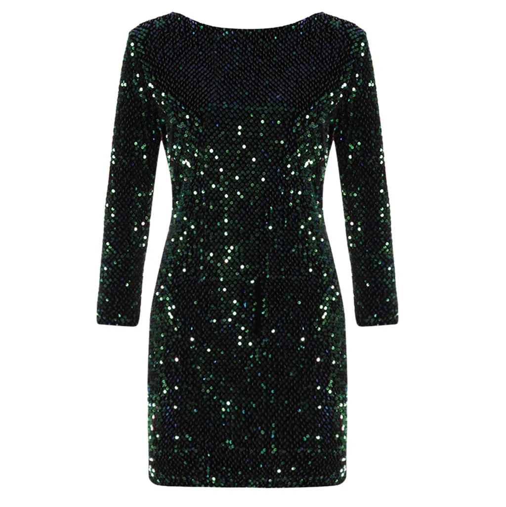 Robe hiver femme, женское рождественское платье, платье с v-образным вырезом на спине, с длинным рукавом, стрейчевое, с блестками, облегающее, вечерние, зимнее платье, vestidos ropa mujer