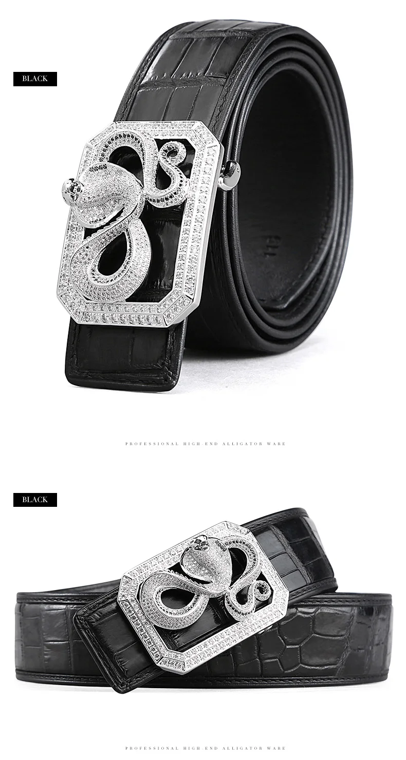 McParko Crocodile Belt Mens Leather Belts With Buckle Luxury Animal Design Genuine Leather Waist Belt with rhinestones Buckle