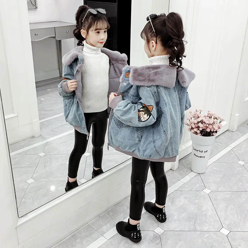 

Girls Fall And Winter Clothes Jeans Coat 2019 New Style Middle And Large Children Korean-style Western Style Cotton Coat Thick P