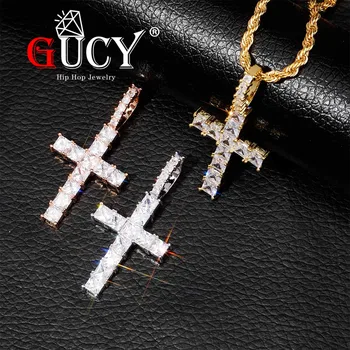 

GUCY Baguette Cross Pendant With 4mm Tennis Chain Necklace Set Men's Hip hop Jewelry Gold Silver Color AAA CZ Pendant Necklace