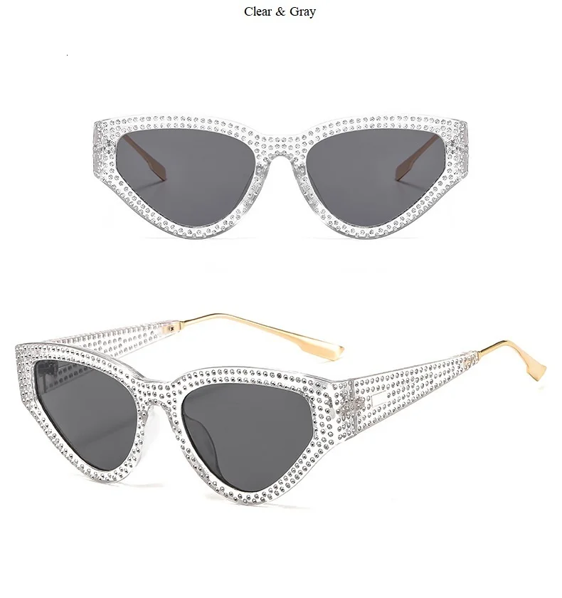 Fake Crystal Cat Eye Sunglasses For Women Luxury Brand Shiny Full Rivet Sun Glasses Female Vintage Round Party Shades Black