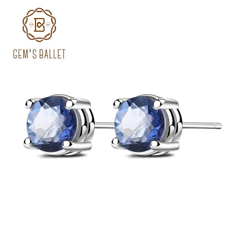 

GEM'S BALLET Real 925 Sterling Silver 5mm Natural Iolite Blue Mystic Quartz Gemstone Stud Earrings For Women Gift Fine Jewelry