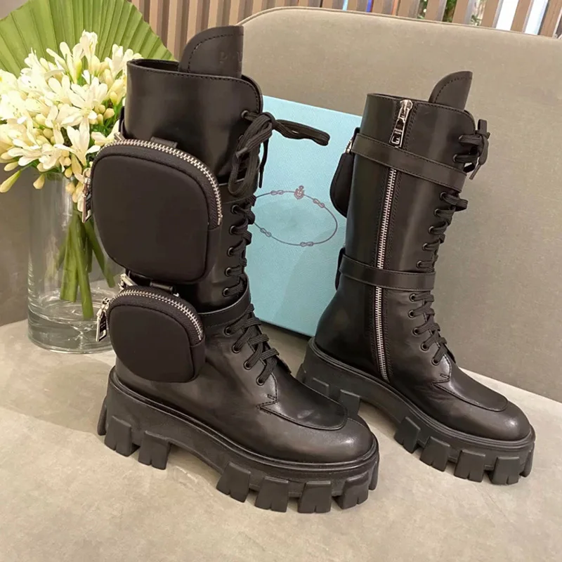 Autumn and Winter Show Style Martin Boots 2020 Women's Leather Muffin Thick Bottom Pocket Purse Motorcycle Mid Tube Knight Boots