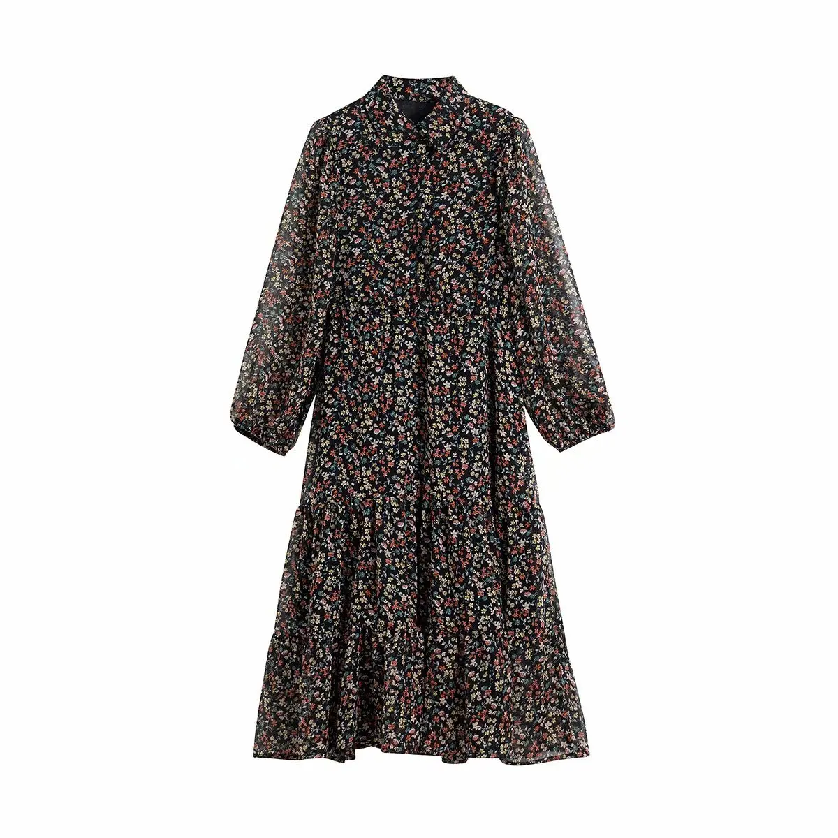 

2019 Autumn New Style French Retro Non-mainstream Floral Dress Women's Mid-length Korean-style Lace-up Pleated Skirt