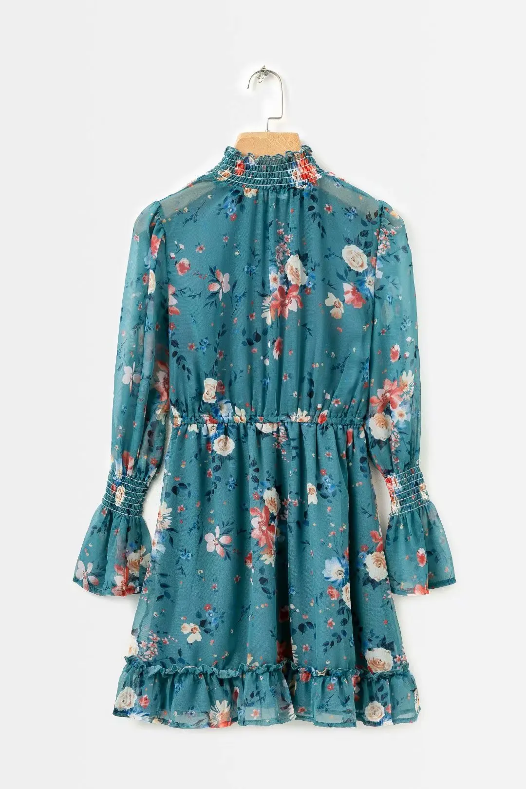 

Europe And America 2018 Autumn Half-Turtle-Neck Frilled Flower Printed Waist Hugging Lace-up Bell Sleeve Dress Short Skirt