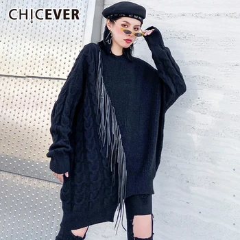 

CHICEVER Patchwork Tassel Women's Sweater O Neck Long Sleeve Loose Irregular Thick Knitting Pullovers Female 2020 Fashion New