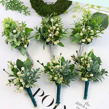 

Handmade Artificial Green Plants Brooch Bouquet Corsage Wristlet Groom Bride Realistic Berry Boutonniere Wedding Party Decor