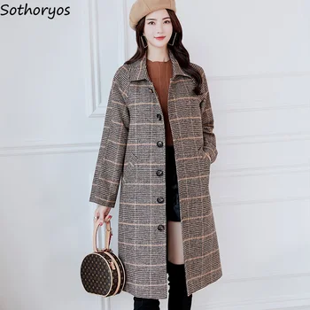 

Wool Women 2020 Plaid Single Breasted Pockets Simple All-match Turn-down Collar Coats Korean Style Slim Retro Elegant Outerwear