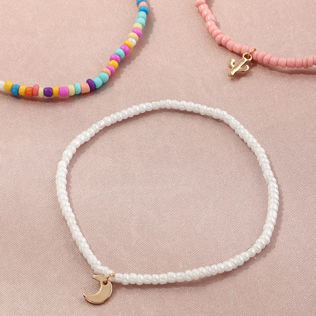 4PCS/SET Bohemian Color Multilayer Anklet Women Mixed Star Moon Cactus Lock Pendant Summer Beach Casual Jewelry Friendship Gift 5