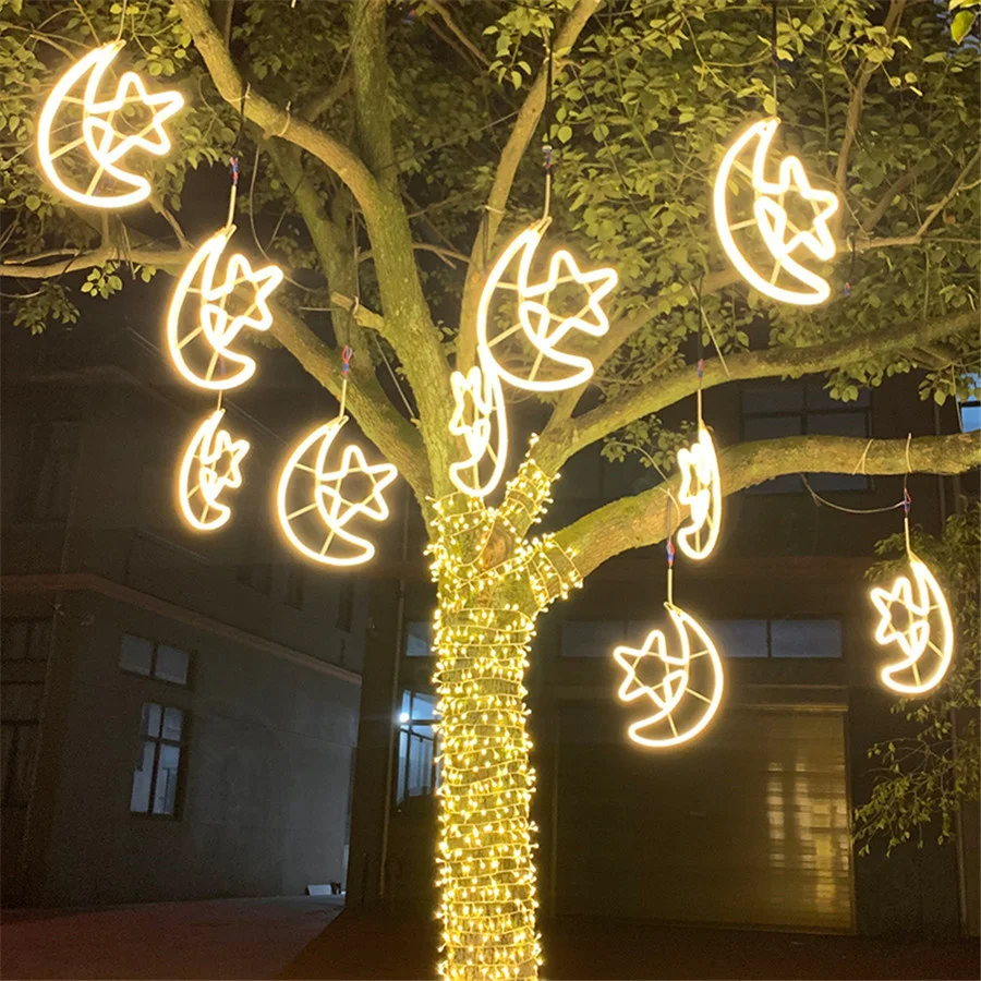 thumbnail image 2 of Guirnalda de luces navideñas con forma de estrella y luna de neón para exteriores, jardín, patio, parque, plaza, árbol, lámpara colgante para bodas, fiestas, paisajes, 2 of 5
