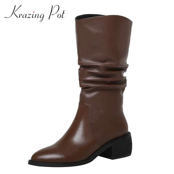 

Krazing Pot winter new boots genuine leather three colors all-match pointed toe thick med heel slip on dating mid-calf boots L65