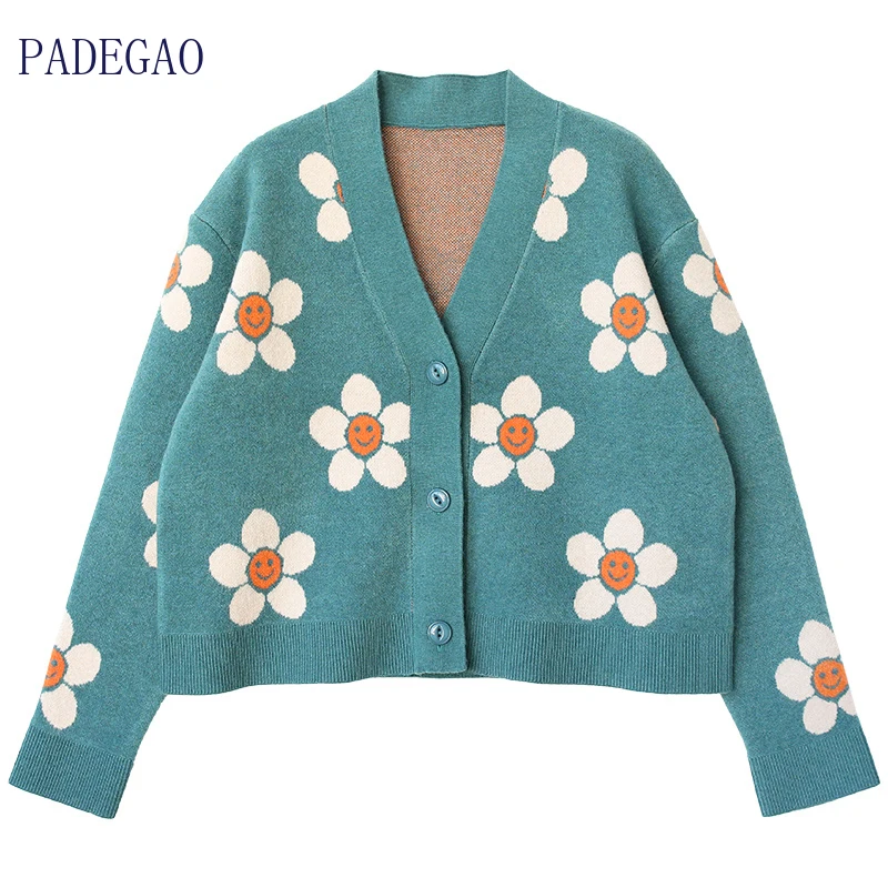 Flower Cardigans Woman Cardigan Sweater Girls Sun Flowers Blue Black