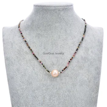 

GuaiGuai Jewelry Natural Multi Color Tourmaline Pink keshi Pearl Choker Necklace