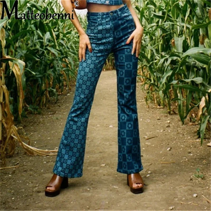 2021 Women Casual Loose Lattice Printing Flare Pants Mid Waist Buttons Trousers Lady Fashion Spring Streetwear Full Length Jeans