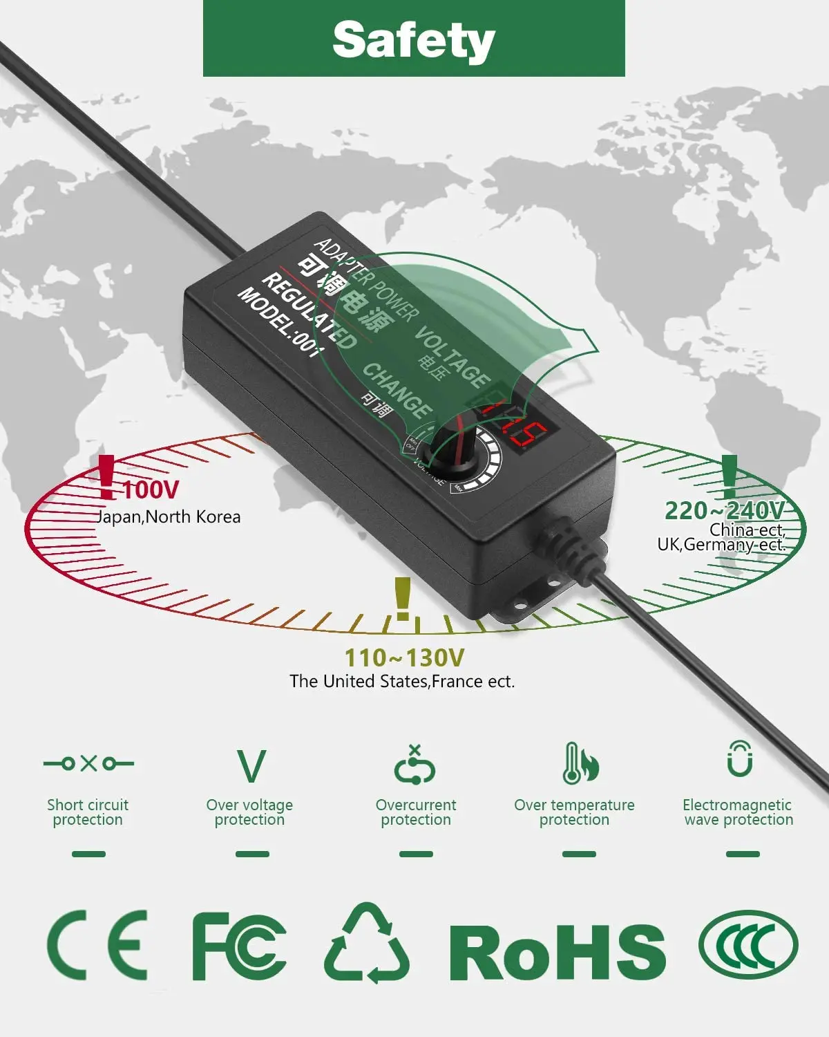 Adjustable AC/DC Power Supply 3-12V 5A - Variable Voltage Converter With Display