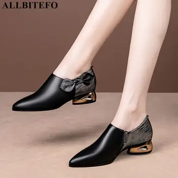 

ALLBITEFO size 34-42 Lizard texture bow design genuine leather women heels shoes fashion women's high heels low heel shoes