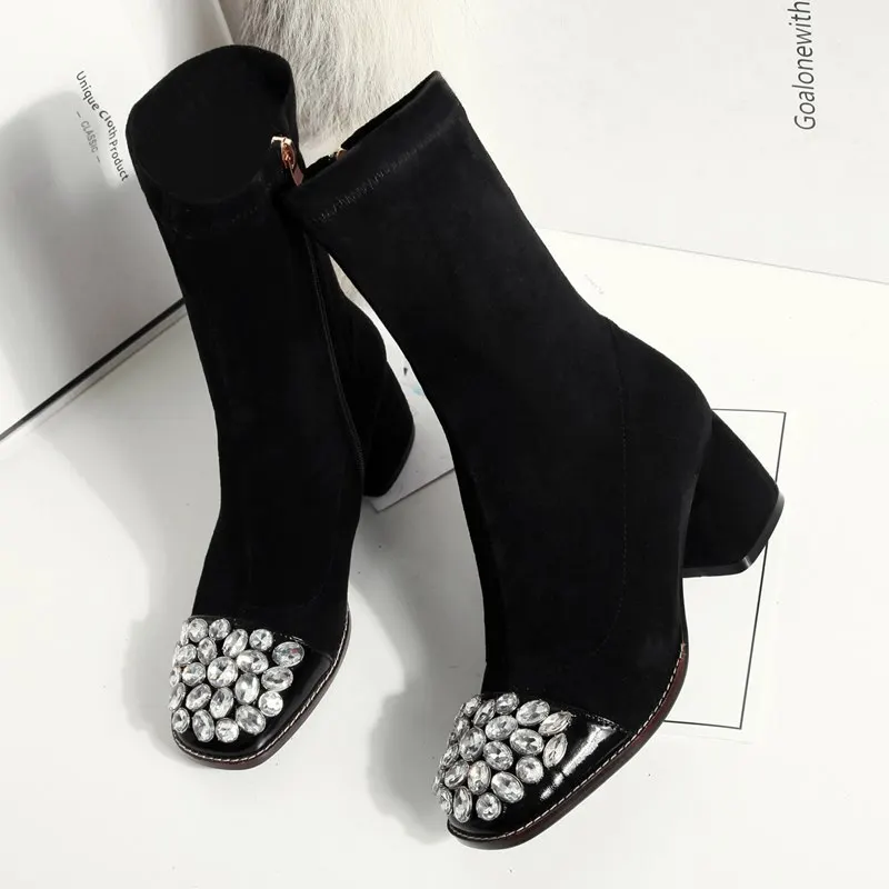 Черный MORAZORA/Большие размеры 34–43 Новинка; ботинки из натуральной кожи из эластичной искусственной замши женские ботильоны Стразы ботинки на высоком каблуке Женская обувь - Цвет: Черный