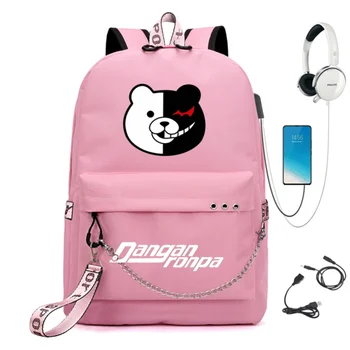

New Anime Danganronpa Chain Backpack For Women USB Charge Canvas Student Backpack For Teenagers Boys Girls School Bag