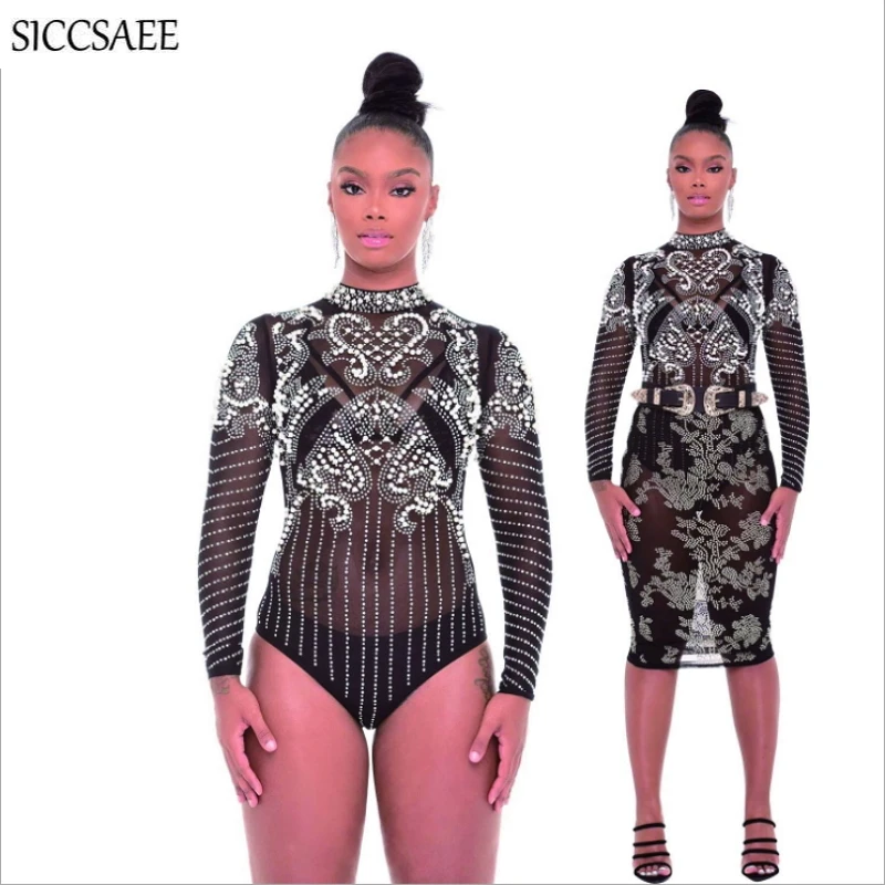 

Glitter Turtleneck Bodycon Bodysuit Mesh See Through Knee Length Bandage Dress Rhinestone Beaded Luxury Two Piece Set Sparkly