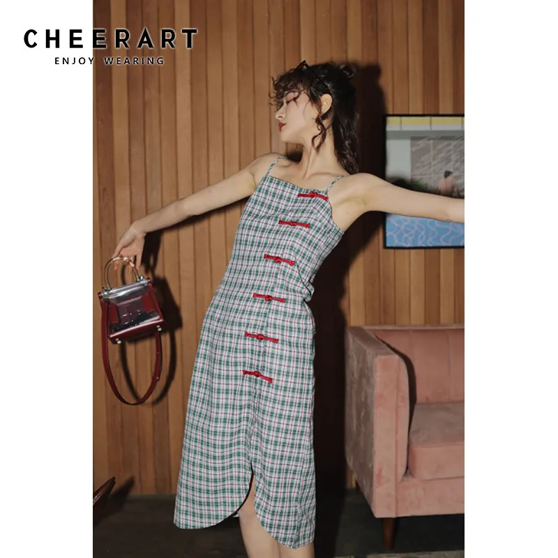 Женское клетчатое платье Cheongsam, винтажное платье до колена с лягушкой, платье на бретельках|Платья| | АлиЭкспресс