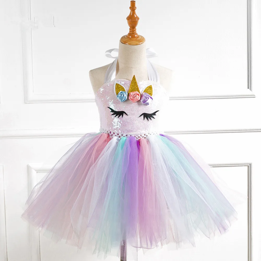 Новинка; популярное газовое платье-пачка, расшитое пайетками и единорогом; платье для девочек; платье принцессы; головной убор; платье с единорогом