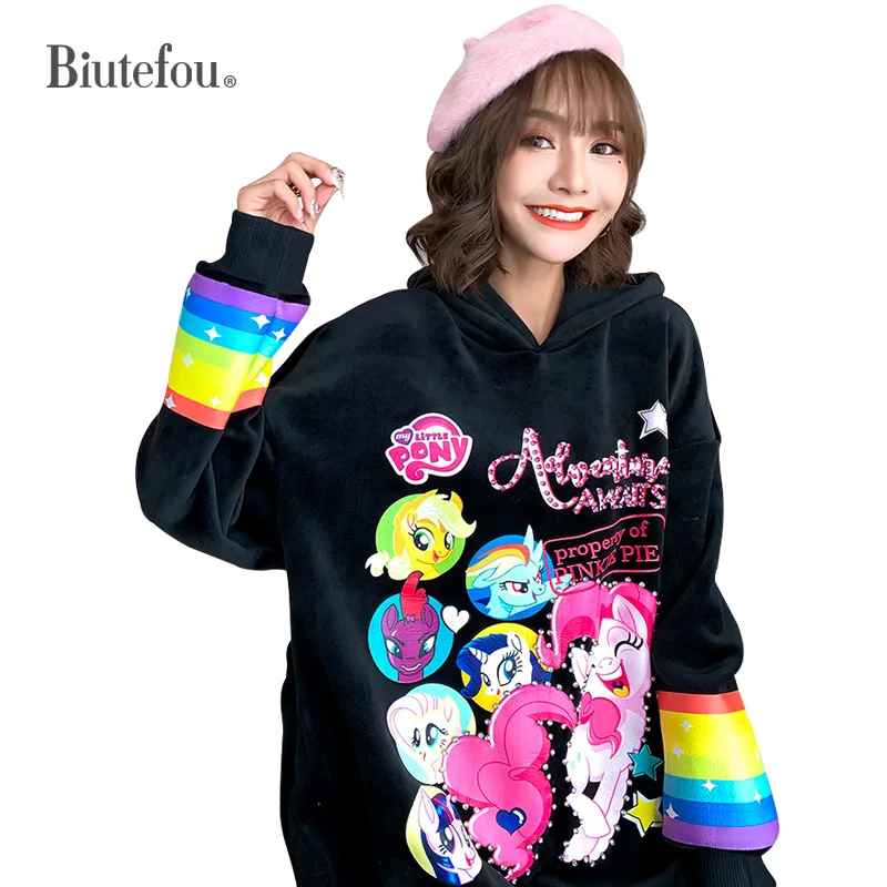 

2019 Autumn and winter velvet sweatshirts beading cartoon print women hooded tops