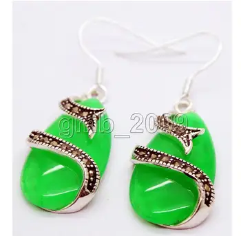 

Free Shipping best valentine's gift lady's 15*26mm natural green Natural jade 925 Sterling Silver Marcasite Earrings