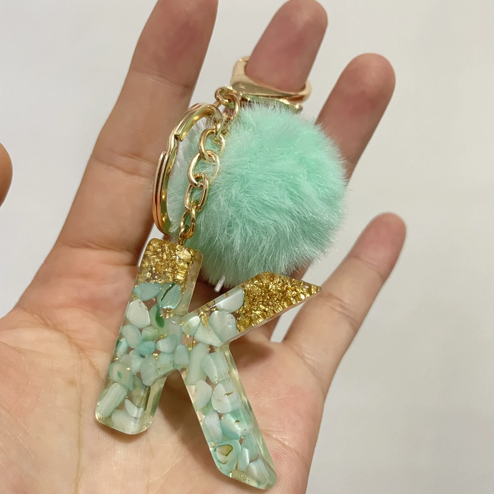 Beautiful Green Pompom Fur Ball 26 Resin Letter Keychain Charms Women Handbag Ornaments Key Ring Decoration Accessories | Украшения и