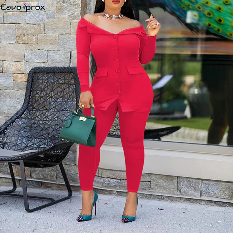 

Women Two Piece Matching Sets Button Down Long Sleeve Top Blazer with Pocket & Skinny Bodycon Pants Office Lady Elegant Suit