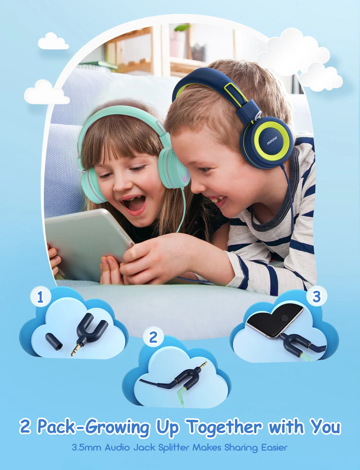 2 Pack Mpow CH8 Kids Headphones Foldable Audio Earphones with 91dB Volume Limiter 3 5mm Audio Jack Children Kid Gifts Headphones