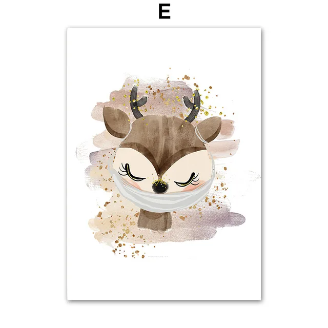 Cartoon Elephant Giraffe Bear Zebra Face mask Wall Art Canvas