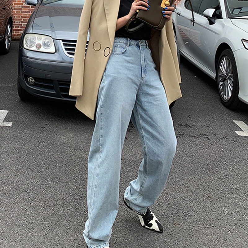 SHIJIA High Waist Pockets Female Denim Trousers Vintage Chic Floor-length Jeans Women Wide Leg Jeans Ladies Blue Jeans Pants