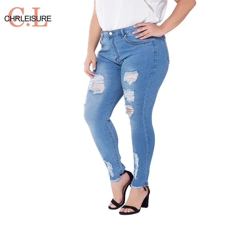 

CHRLEISURE Ripped Jeans Women Big Size Hole Torn Jeans Woman Large Size Stretch Jeans Tights Female Pants Fashion 2019 Plus Size