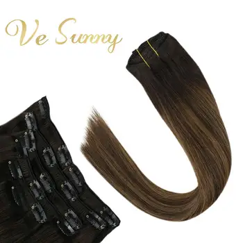 

VeSunny Clip on Hair Extensions Human Hair Double Weft 7pcs Clip in Extensions Balayage Ombre Brown #2/2/6 120gr