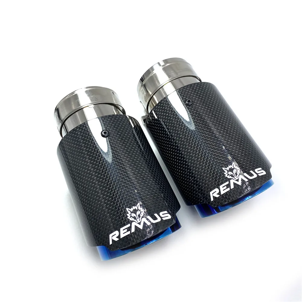 1PCS Car Exhaust Tail Pipe Glossy Carbon Tail End Blue Stainless Steel Straight Muffler Tip Flange With Remus Logo For Bmw F30
