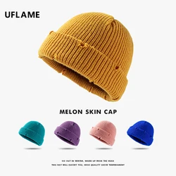 UFLAME Women's Hats In Winter Solid Color Beanies Hat Ripped Holes Knitted Cap Unisex Hip Hop Skullies Gorro Thick Warm Brimless