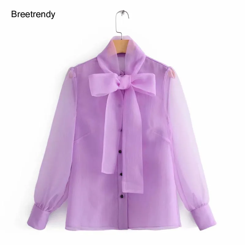 

CS908 Autumn Fashion Ribbon Bow Knot Purple Color Organza Blouse Transparent Mesh Shirt