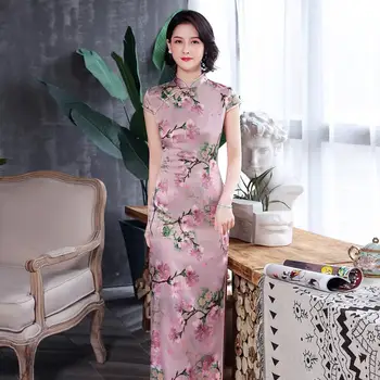 

Oversize 3XL 4XL Vintage Oriental Style Women Stage Show Long Qipao Summer Print Floral Elegant Evening Dress Rayon Cheongsam