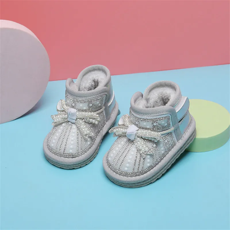 Winter Baby Snow Boots Butterfly-knot Pearl Warm Plush Grils Princess Boots Soft Sole Ankle Toddler Kids