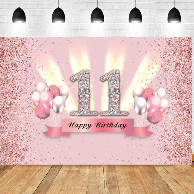  Fondo de fotografía Rosa dulce para niñas, cartel de decoración de fiesta de feliz cumpleaños, globo de once,   años