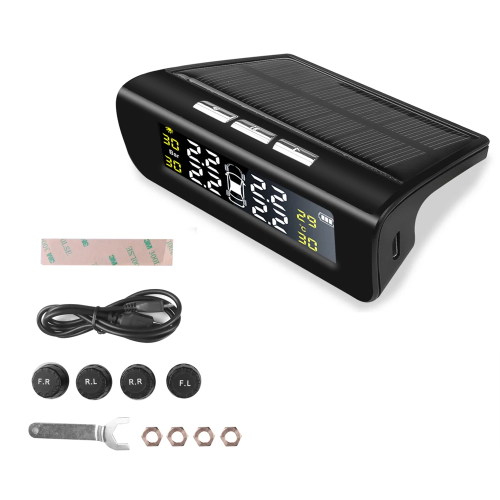 Wireless Solar Auto Car TPMS Tire Pressure Monitor System w// 4 External Sensors