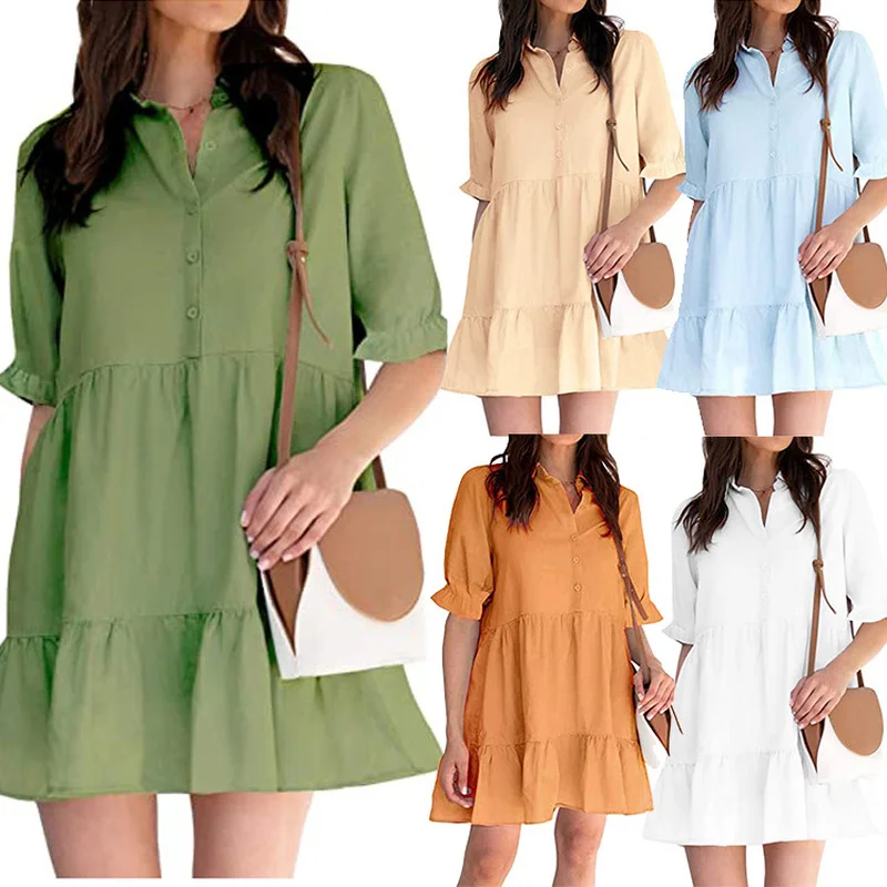 loose Dress half Sleeve Elegant Empire V-neck solid dresses woman summer chiffon long blouse cloth Women Basic Vestidos AC0729 | Женская