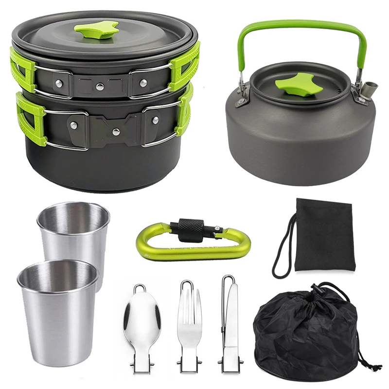 XC Camping Pots Pans Kettle Outdoor Camping Cookware Hiking Tableware Picnic Cooking Set with Spoon Fork Knife Kettle Cup