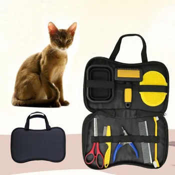 

2020 New Pet Grooming Tool Comb Nail Clippers Folding Bowl Durable Dog Portable Travel 8-piece Set Color Mixed Hair Pet Supplies