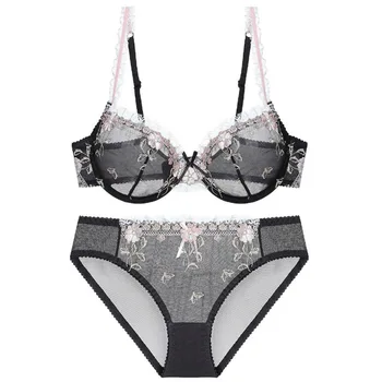 

New net yarn sexy palace transparent women's bra set large and ultra thin comfortable embroidery sexy lingerie